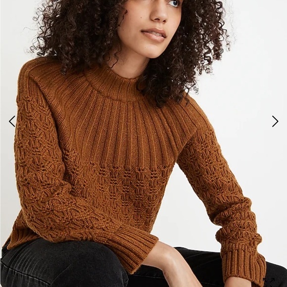 Madewell Pointelle Stitch-Mix Mockneck Sweater Dried Cedar Brown Chunky Knit - Picture 1 of 9
